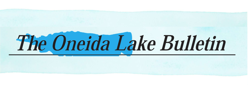 The Oneida Lake Bulletin in black letters written over the shape of Oneida Lake in blue with a light blue and white wavy background